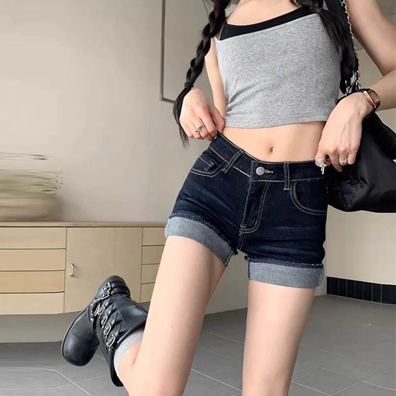 BENGEN Denim Shorts Women's Dark Blue-3