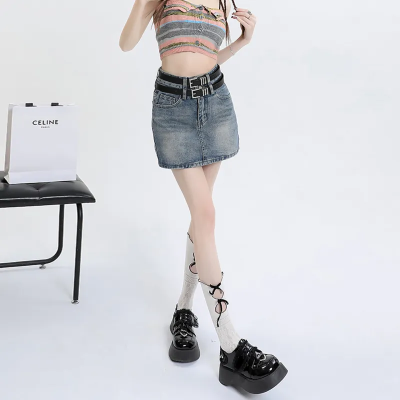 BENGEN Denim Short Skirts Women's Vintage Blue-4