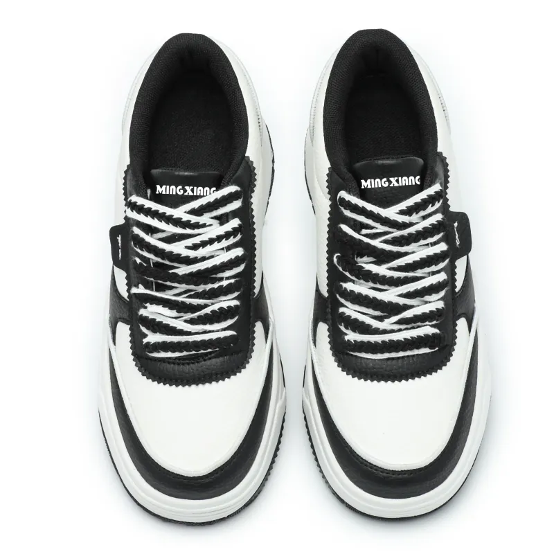 Singing Wear Resistant Lightweight Height Increasing Low Top Skateboard Shoes Unisex Black White-4