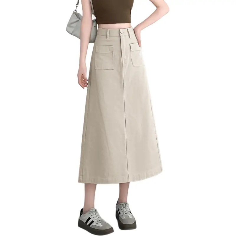 Tonlion Denim Long Skirts Women's Beige Apricot-4