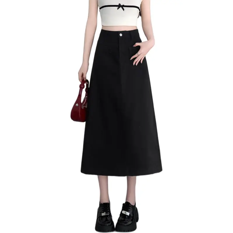 Tonlion Denim Long Skirts Women's Black-5