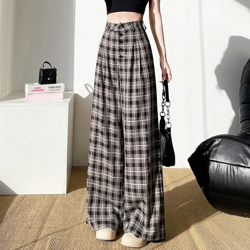 Tonlion Wide Leg Women's Beige Black Plaid-4