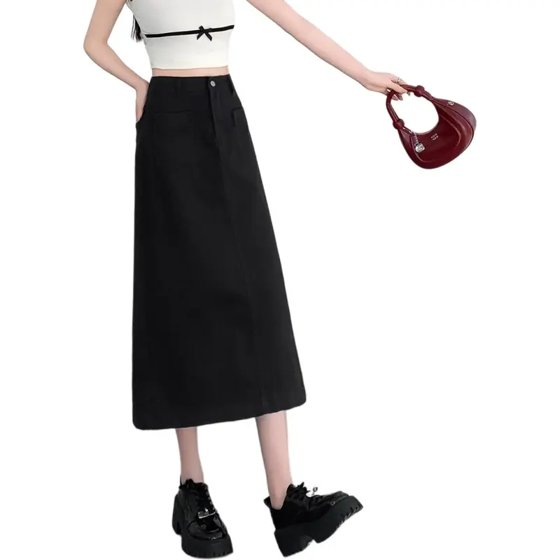 Tonlion Denim Long Skirts Women's Black-4