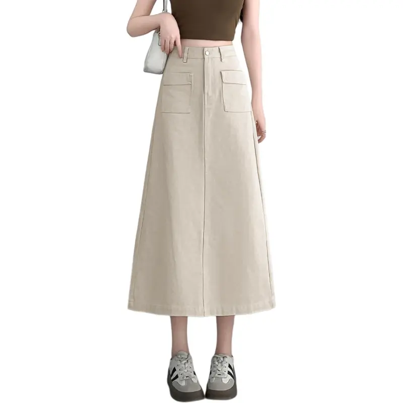 Tonlion Denim Long Skirts Women's Beige Apricot-6