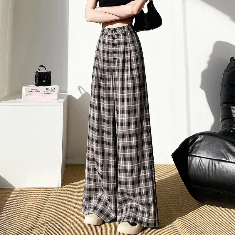 Tonlion Wide Leg Women's Beige Black Plaid-5