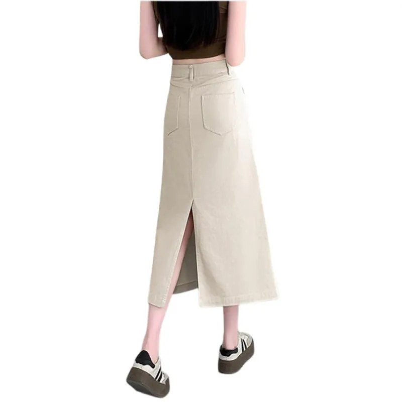 Tonlion Denim Long Skirts Women's Beige Apricot-1