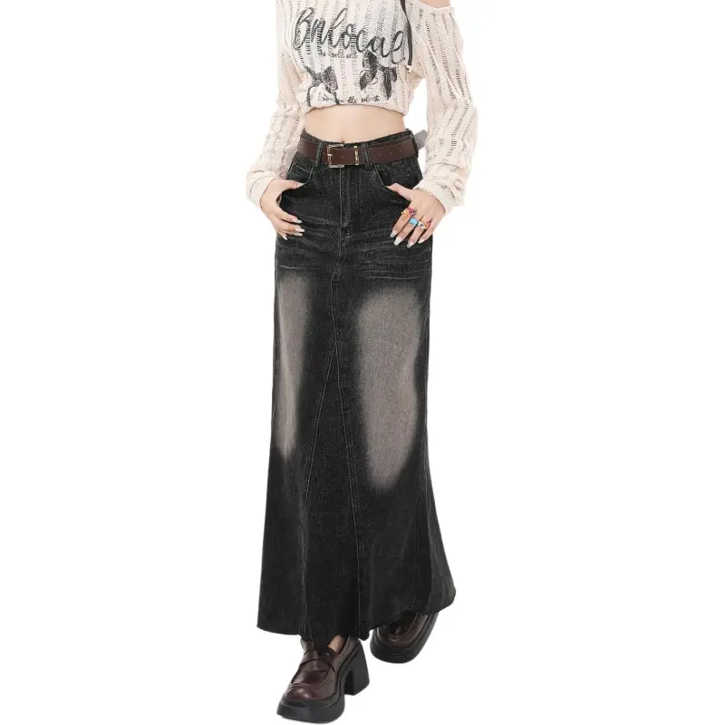Tonlion Denim Long Skirt Women's Black Gray-2