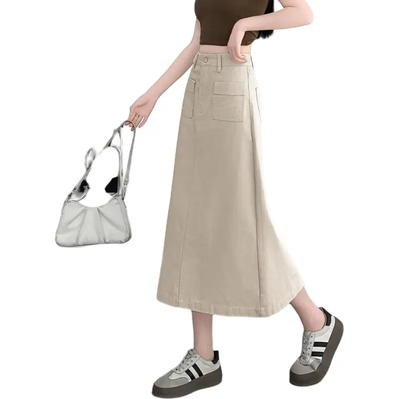 Tonlion Denim Long Skirts Women's Beige Apricot-2