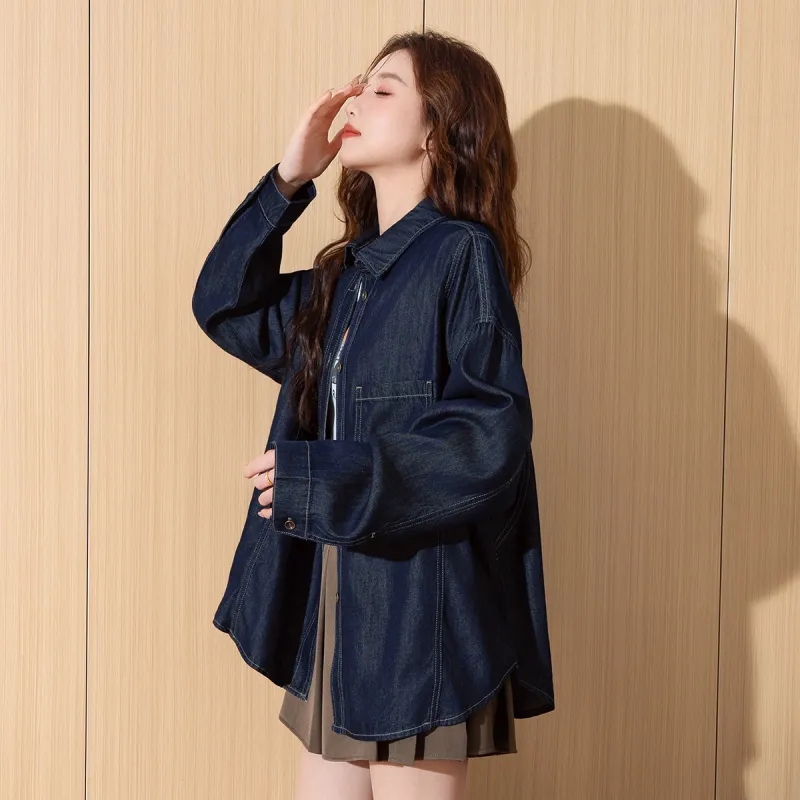 Tonlion Denim Jackets Women's Dark Blue-5