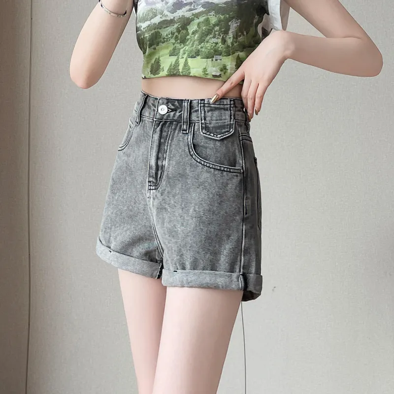 Tonlion Denim Shorts Women's Black Gray-4