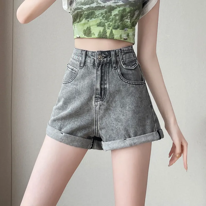 Tonlion Denim Shorts Women's Black Gray-2