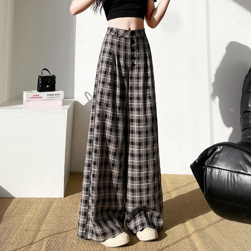 Tonlion Wide Leg Women's Beige Black Plaid-3