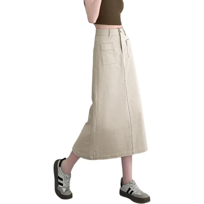 Tonlion Denim Long Skirts Women's Beige Apricot-5