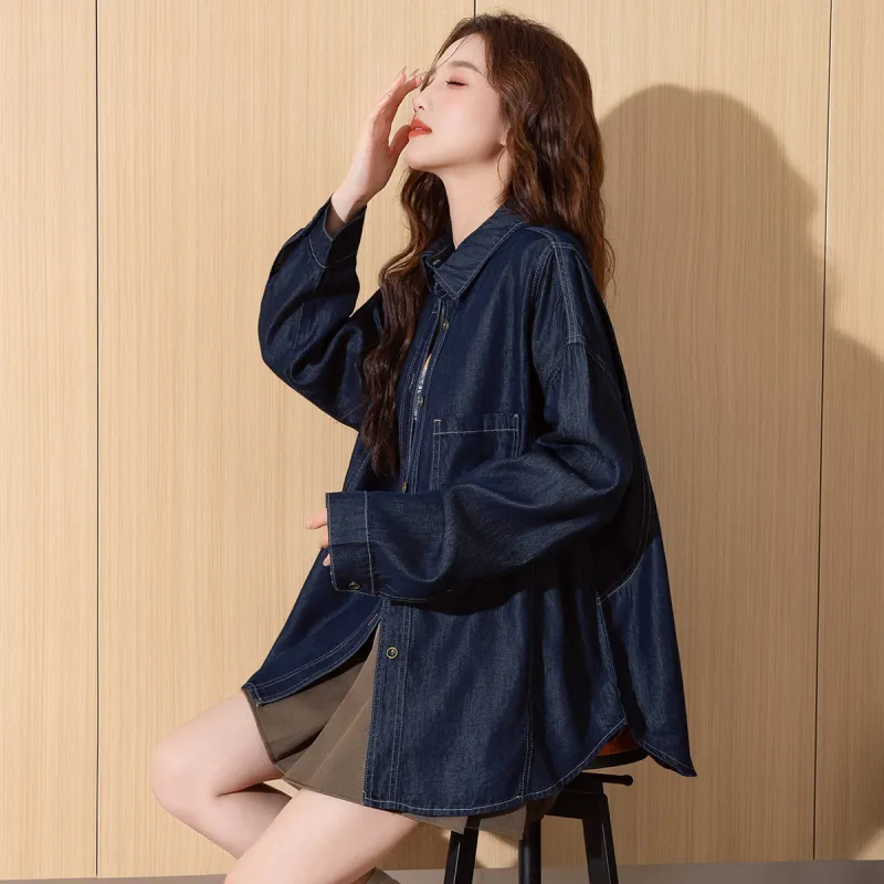 Tonlion Denim Jackets Women's Dark Blue-2