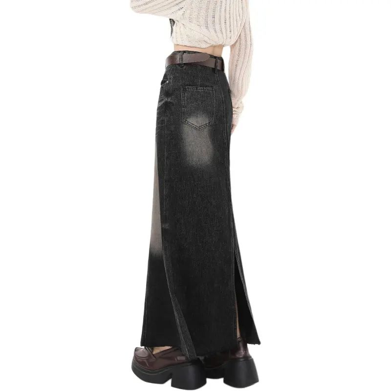 Tonlion Denim Long Skirt Women's Black Gray-4