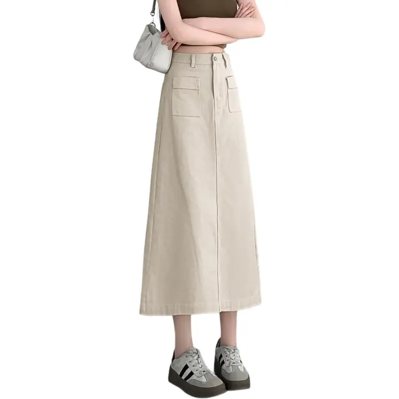 Tonlion Denim Long Skirts Women's Beige Apricot-3