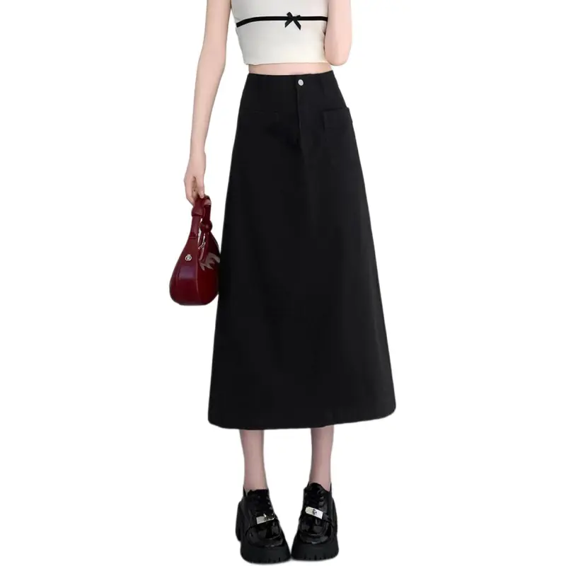 Tonlion Denim Long Skirts Women's Black-6