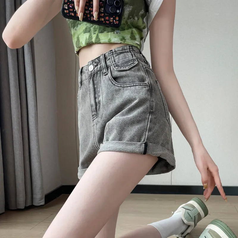 Tonlion Denim Shorts Women's Black Gray-3