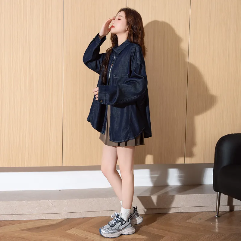 Tonlion Denim Jackets Women's Dark Blue-3