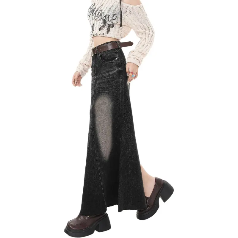 Tonlion Denim Long Skirt Women's Black Gray-3