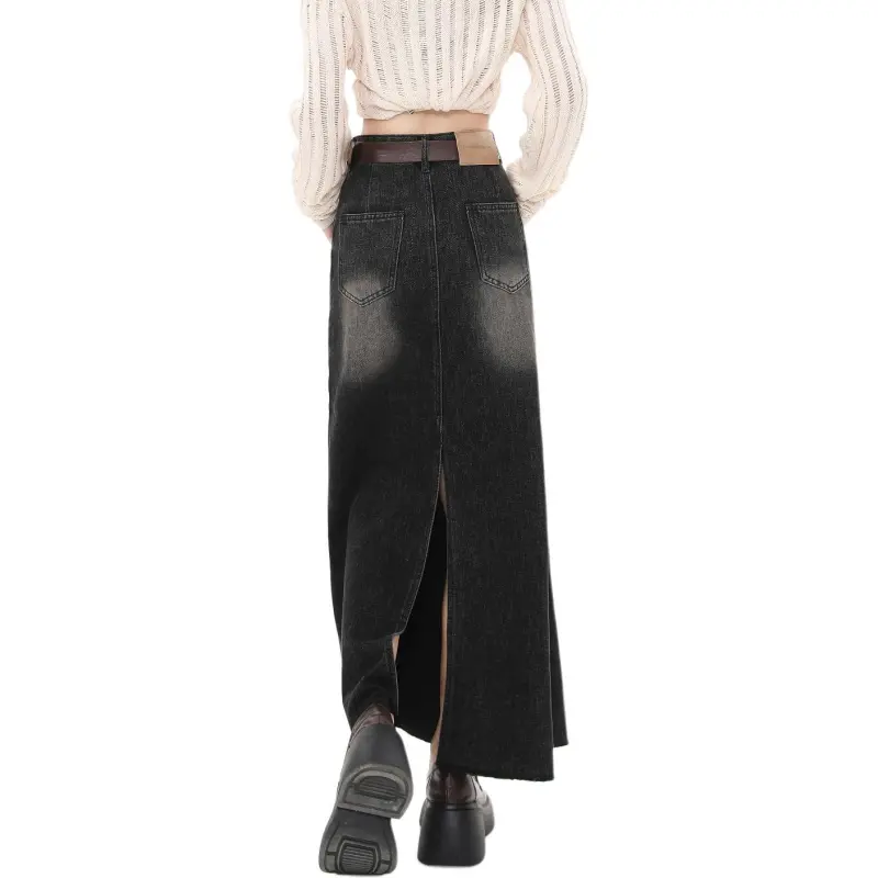 Tonlion Denim Long Skirt Women's Black Gray-1