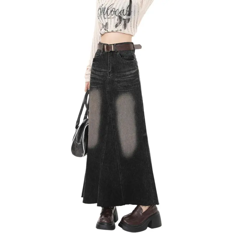 Tonlion Denim Long Skirt Women's Black Gray-5