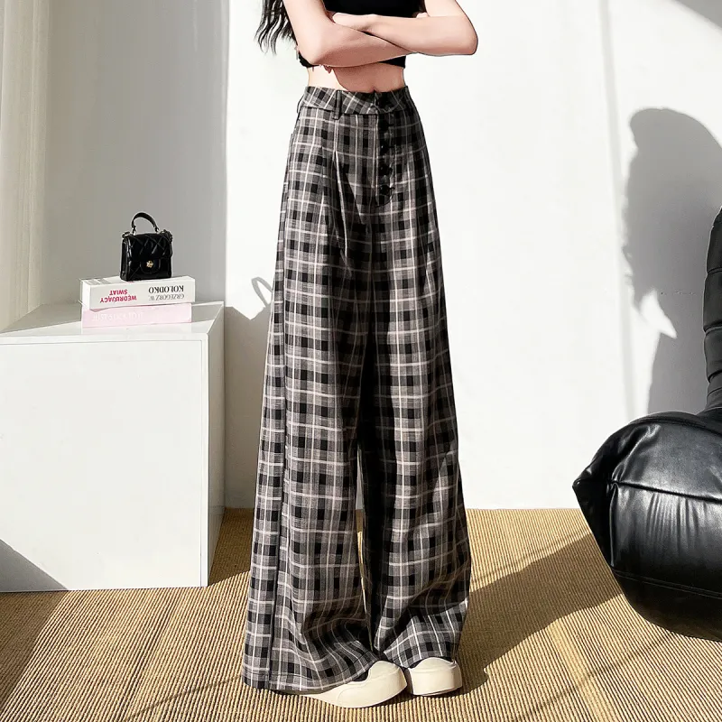 Tonlion Wide Leg Women's Beige Black Plaid-2