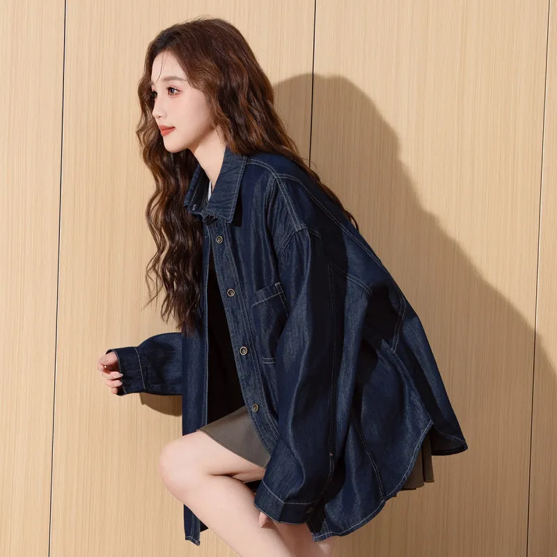 Tonlion Denim Jackets Women's Dark Blue-6