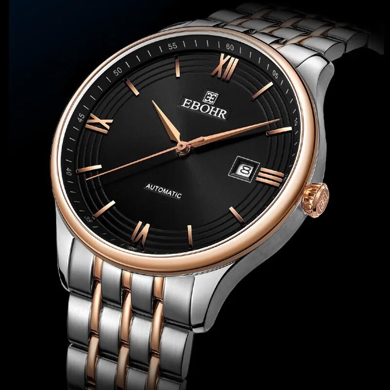 EBOHR Mechanical Movement Stainless Steel Strap Watch Men's Watches Black Dial-3