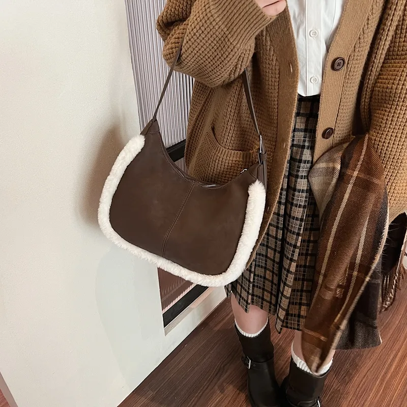 LUVISTRUE Faux Suede Shoulder Bag Handbag Crossbody Bag Medium Size Women's Brown/coffee/green-7