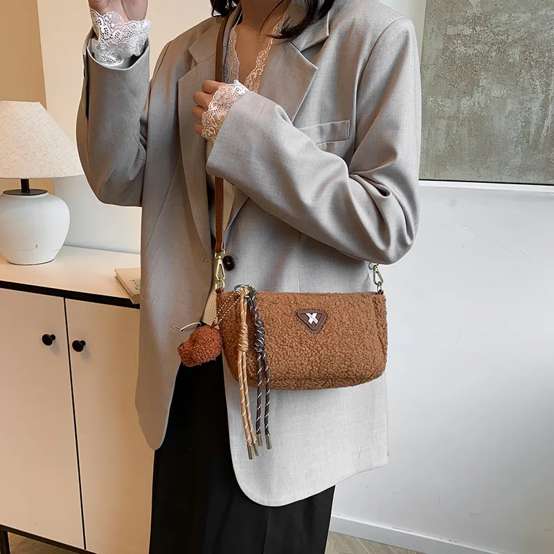LUVISTRUE Faux Lambswool Shoulder Bags Cell Phone Pouch Crossbody Bags Women's White/Khaki/Brown-2