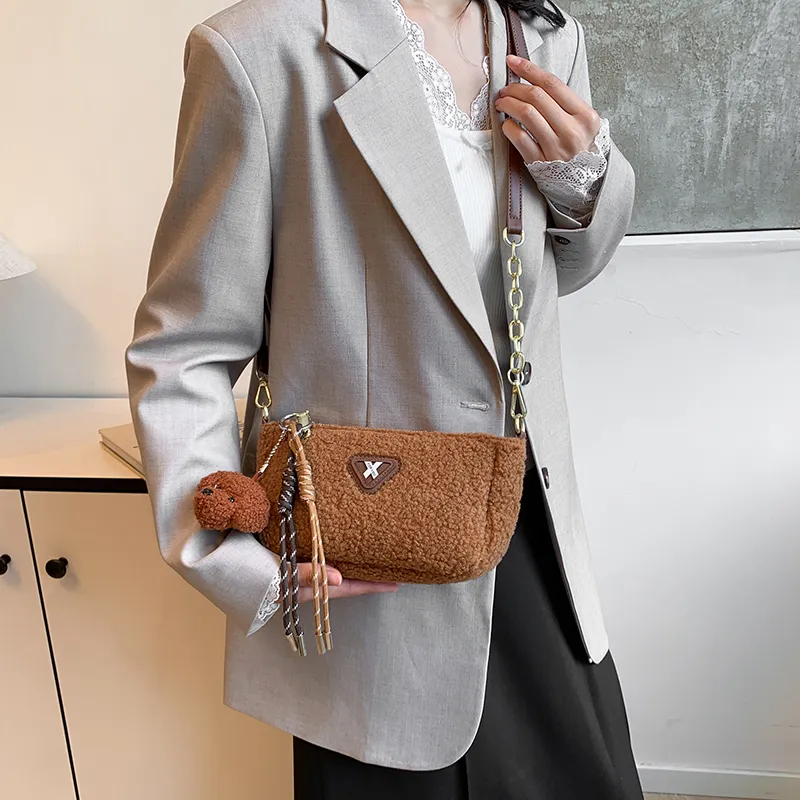 LUVISTRUE Faux Lambswool Shoulder Bags Cell Phone Pouch Crossbody Bags Women's White/Khaki/Brown-3