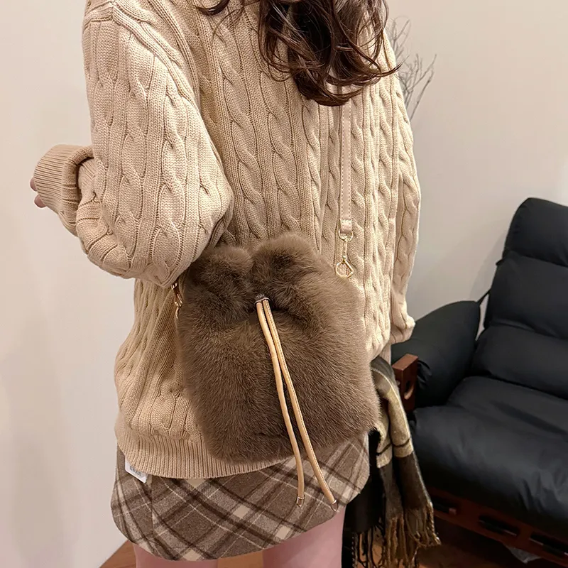 LUVISTRUE Fuzzy Fabric Shoulder Bag Crossbody Bag Women's Dark Khaki/Light Khaki/White/Pink-1