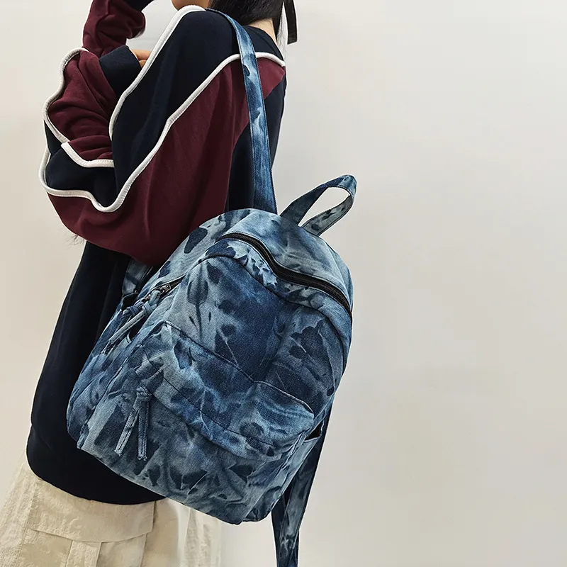 LUVISTRUE Denim Small Backpack Medium Size Unisex Black/Light Blue/Dark Blue-8