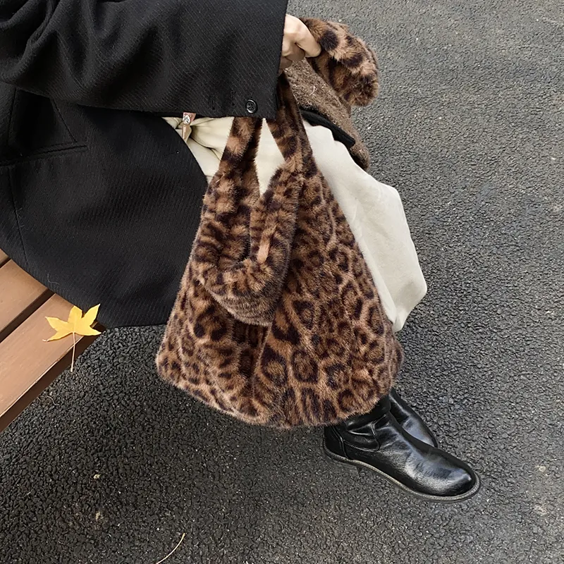 LUVISTRUE Plush Shoulder Bag Tote Medium Size Women's Khaki/Brown/Black-8