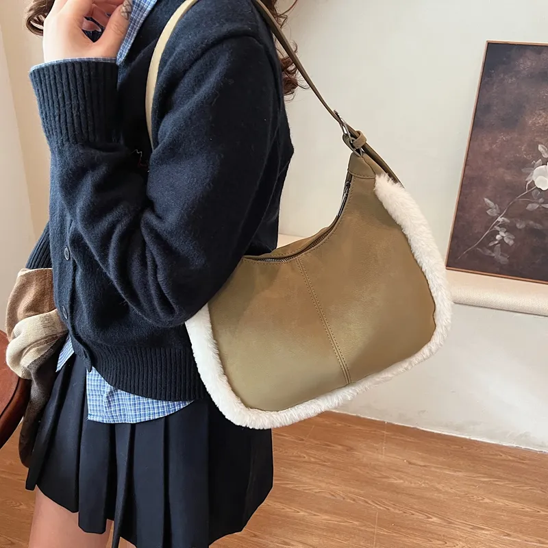 LUVISTRUE Faux Suede Shoulder Bag Handbag Crossbody Bag Medium Size Women's Brown/coffee/green-14