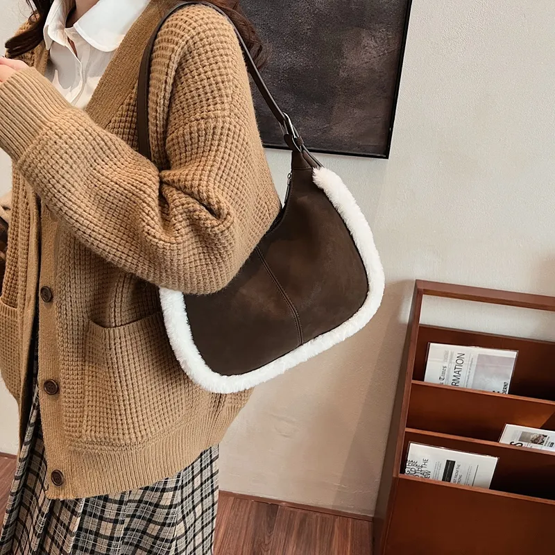 LUVISTRUE Faux Suede Shoulder Bag Handbag Crossbody Bag Medium Size Women's Brown/coffee/green-9