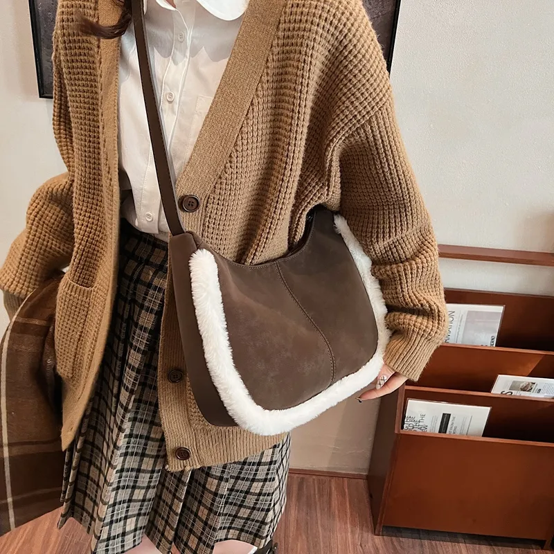 LUVISTRUE Faux Suede Shoulder Bag Handbag Crossbody Bag Medium Size Women's Brown/coffee/green-11