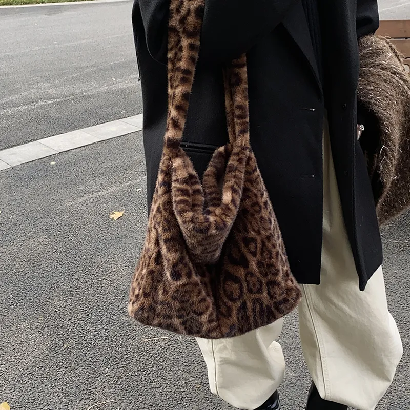 LUVISTRUE Plush Shoulder Bag Tote Medium Size Women's Khaki/Brown/Black-11