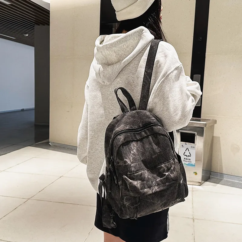 LUVISTRUE Denim Small Backpack Medium Size Unisex Black/Light Blue/Dark Blue-12