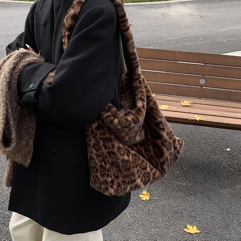 LUVISTRUE Plush Shoulder Bag Tote Medium Size Women's Khaki/Brown/Black-12