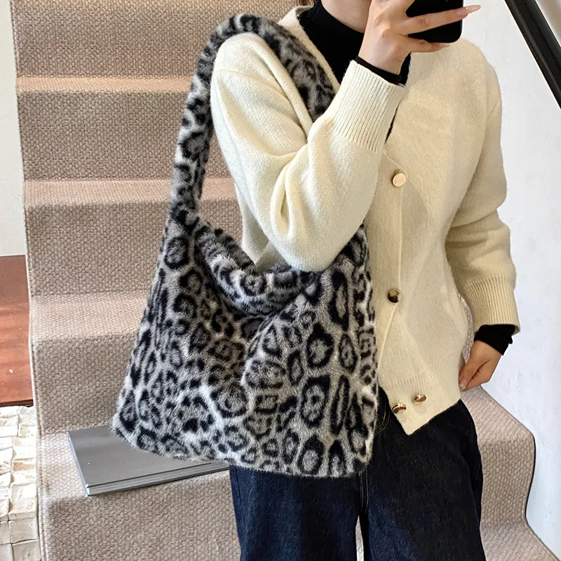 LUVISTRUE Plush Shoulder Bag Tote Medium Size Women's Khaki/Brown/Black-16