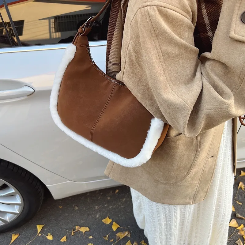 LUVISTRUE Faux Suede Shoulder Bag Handbag Crossbody Bag Medium Size Women's Brown/coffee/green-2