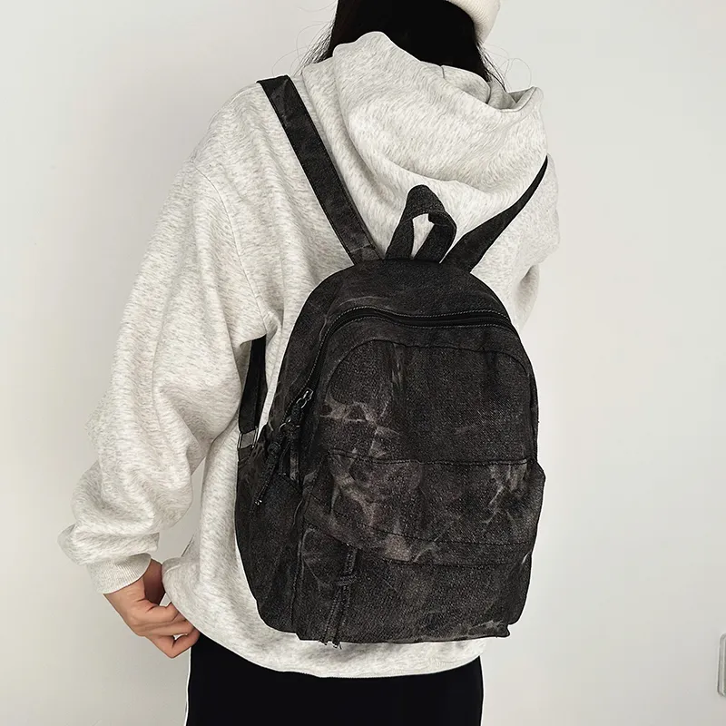 LUVISTRUE Denim Small Backpack Medium Size Unisex Black/Light Blue/Dark Blue-10