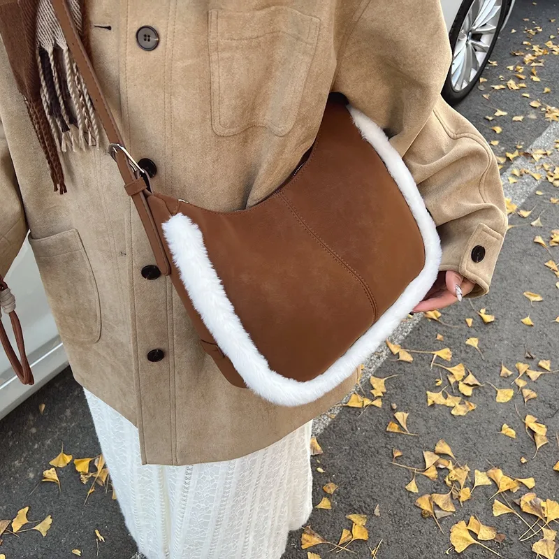 LUVISTRUE Faux Suede Shoulder Bag Handbag Crossbody Bag Medium Size Women's Brown/coffee/green-5