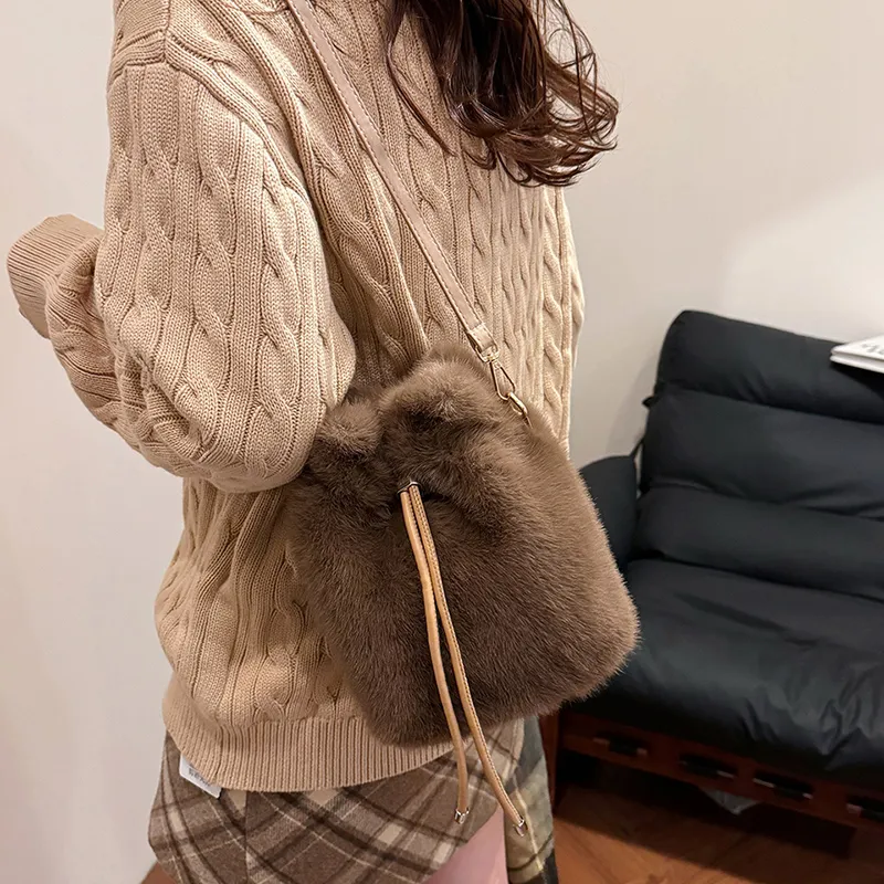 LUVISTRUE Fuzzy Fabric Shoulder Bag Crossbody Bag Women's Dark Khaki/Light Khaki/White/Pink-6
