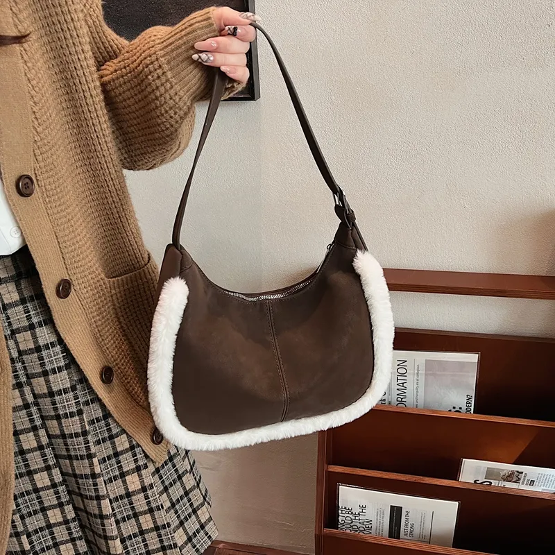 LUVISTRUE Faux Suede Shoulder Bag Handbag Crossbody Bag Medium Size Women's Brown/coffee/green-8