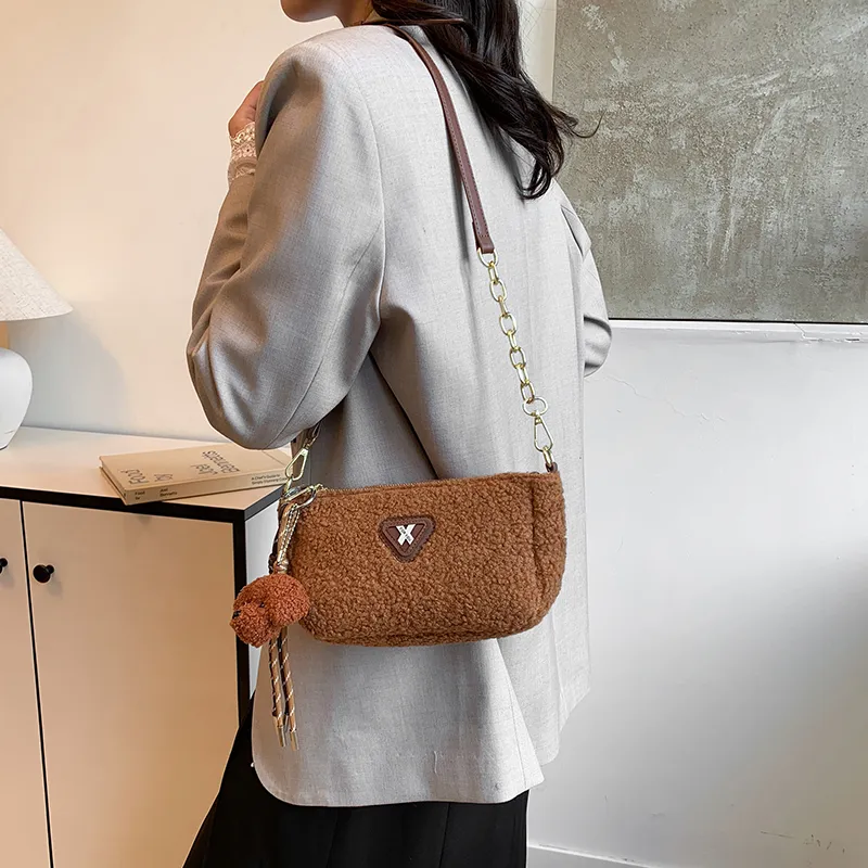 LUVISTRUE Faux Lambswool Shoulder Bags Cell Phone Pouch Crossbody Bags Women's White/Khaki/Brown-4