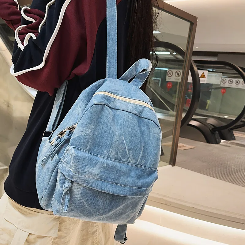 LUVISTRUE Denim Small Backpack Medium Size Unisex Black/Light Blue/Dark Blue-2