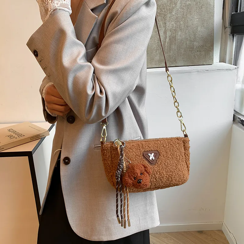 LUVISTRUE Faux Lambswool Shoulder Bags Cell Phone Pouch Crossbody Bags Women's White/Khaki/Brown-5